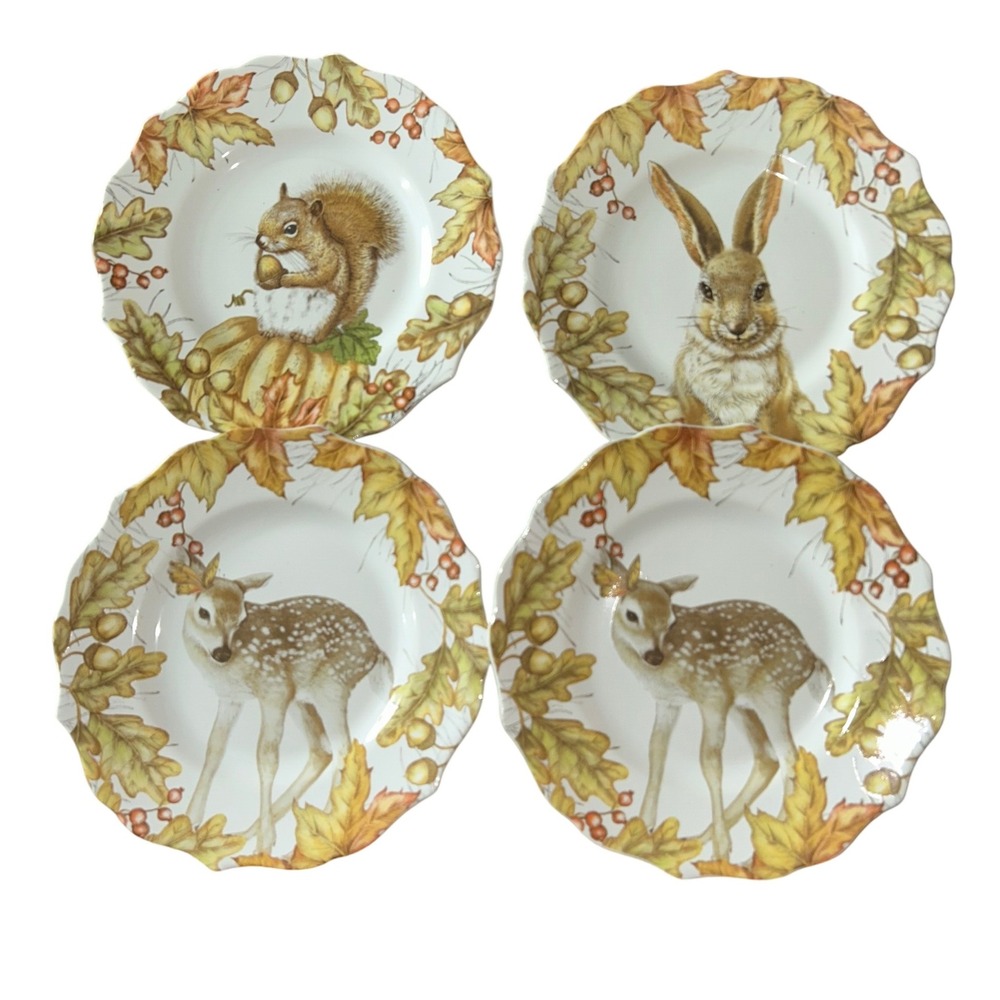 Pier 1 Porcelain Dessert Plates 4 Autumn Woodland‎ Animals Rustic Farmhouse